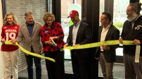 From left to right: IU President Pamela Whitten, former Bloomington Mayor and SVP at The Mill John Fernandez, current Bloomington Mayor Kerry Thomson, US Senator Todd Young, The Mill board chair Ravi Bhatt, and executive director of The Mill Pat East.