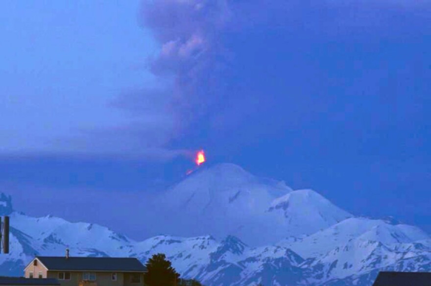 Lava fountains out of Pavlof Volcano, as seen from Cold Bay early June 3. (Photo courtesy Robert Stacy)