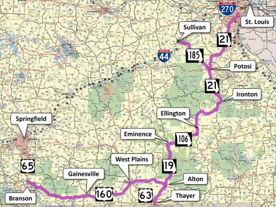 The original proposal for the Ozark Run Scenic Byway would add to place signs with the byway's name along a route that starts at Interstate 270. It would take Route 21 through Route 106 before continuing west through Route 160 and ending in Branson.