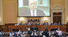 A video of former President Donald Trump from his Jan. 6 Rose Garden statement is played as Cassidy Hutchinson, former aide to Trump White House chief of staff Mark Meadows, testifies. (Sean Thew/Pool via AP)