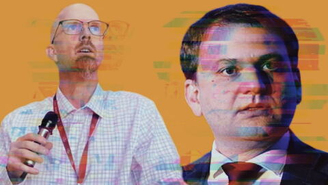 Two men are digitally edited with tv bar effects 
