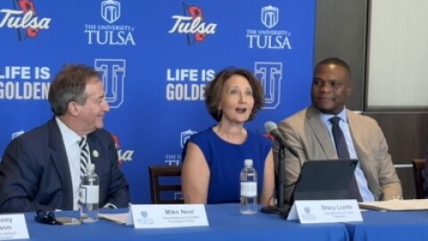 University of Tulsa President Stacy Leeds speaks at a conference.