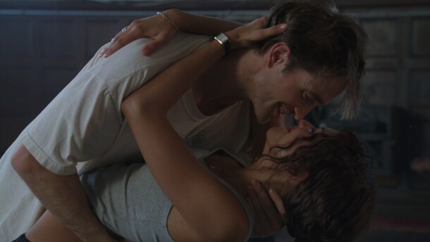 Robert Pattinson and Zendaya embrace in a scene from the 2026 movie The Drama.