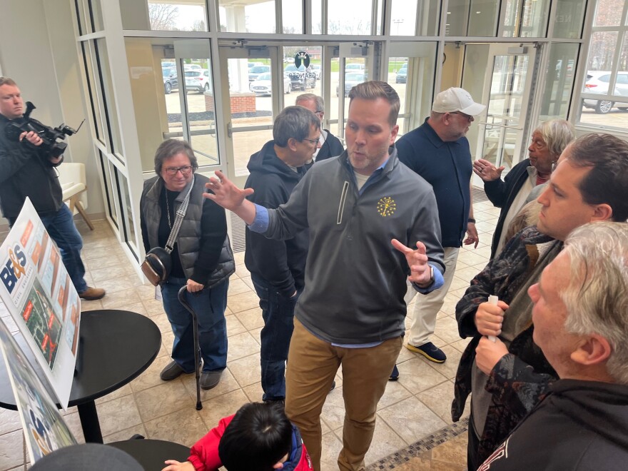Matt Deitchley, deputy commissioner for the Indiana Department of Transportation's LaPorte District, answers residents' questions Tuesday evening at Granger Missionary Church. INDOT held the meeting to gather public comment about a planned roundabout on State Road 23 at Adams Road in Granger.