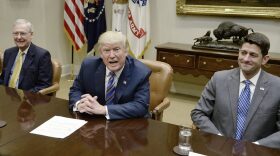 President Trump speaks as Senate Majority Leader Mitch McConnell (left) and House Speaker Paul Ryan listen during a meeting with House and Senate leadership in the Roosevelt Room of the White House, on June 6, 2017 in Washington, D.C. (Olivier Douliery-Pool/Getty Images)