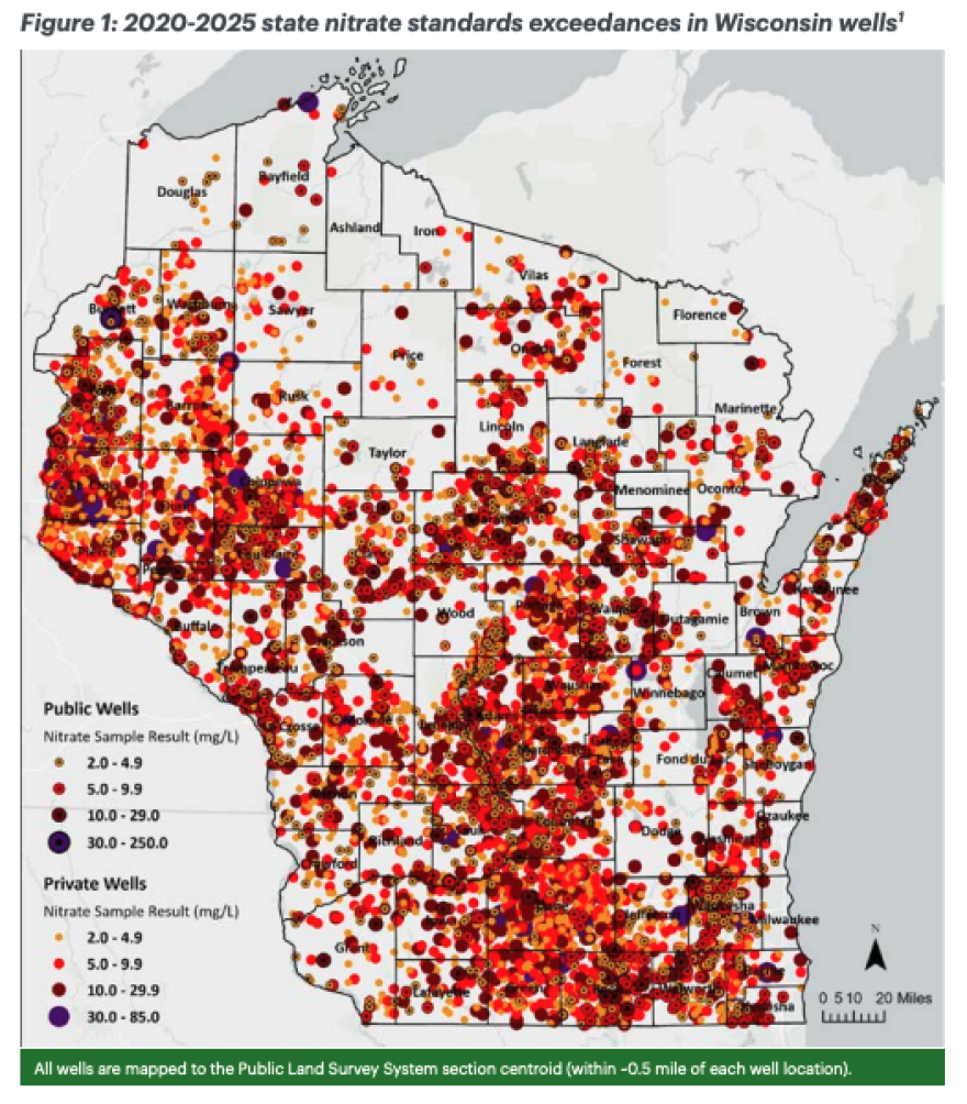 A map showing incidents where nitrate levels in Wisconsin wells exceeded state standards, from 2020 to 2025.