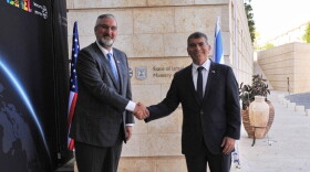 Gov. Eric Holcomb, left, meets with Israeli Minister of Foreign Affairs Gabi Ashkenazi.