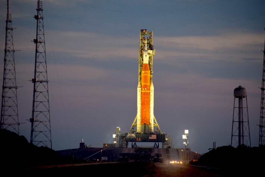 The Space Launch System and Orion spacecraft at Launch Complex 39B