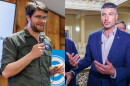 Split screen of William Lawrence and Tom Barrett speaking at events