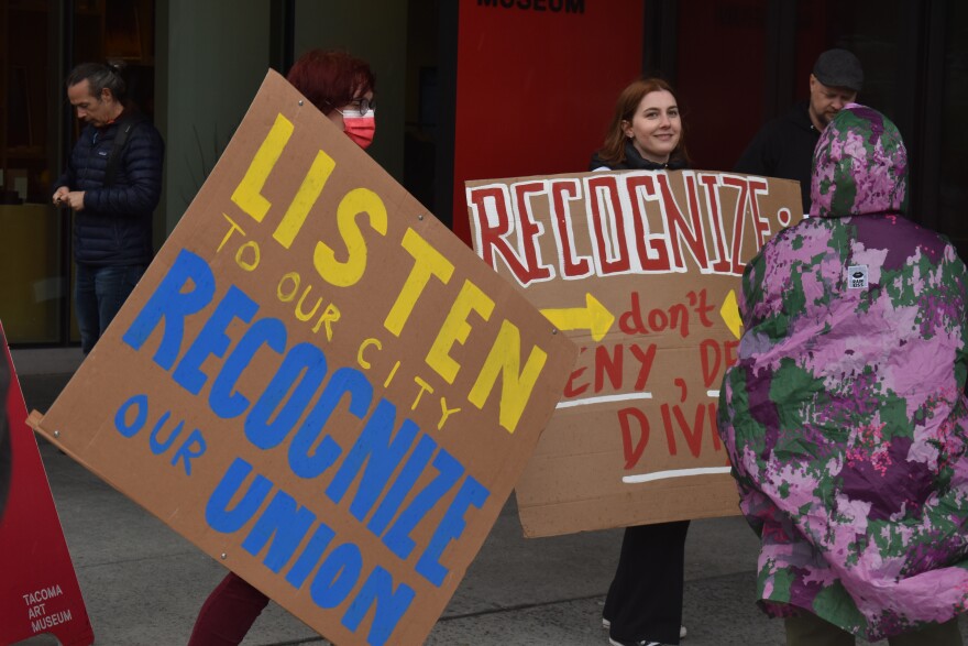 Employees organizing as the Tacoma Art Museum Workers United union rallied with supporters March 23, 2023. // Credit: Lauren Gallup NWPB