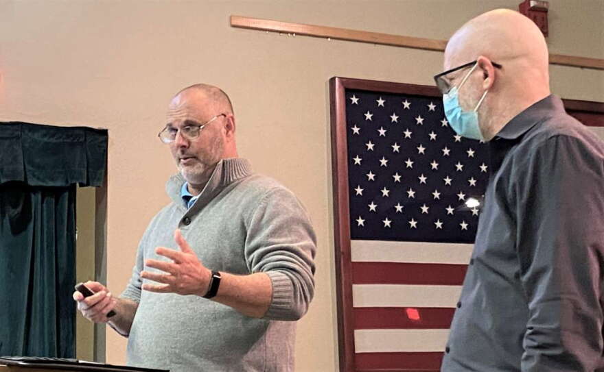 Health Department Administrator Mark Lander speaks to the Marion County Commission Tuesday as Medical Director Dr. Keith Singer looks on. Photo: Joe Byrnes