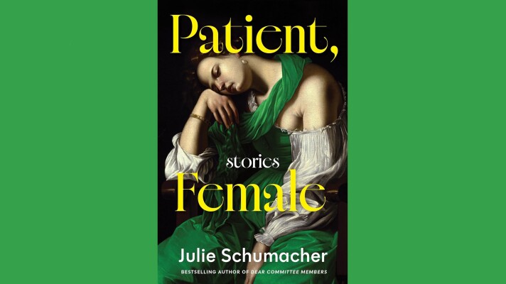 Cover of "Patient, Female" by Julie Schumacher; painting of a resting woman in a green and white dress