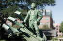 The sculpture of Herman Melville is located by the Seamen's Bethel in New Bedford. Sculptor Steff Rocknak said she and Chris DeCaprio of UAP chose the greenish-gray patina for the outside of the statue to make it look like it was just pulled from the sea.