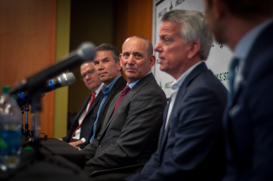 MLS Commissioner Don Garber (center) at a news conference Monday, March 27, 2017, with SC STL Vice Chairman Jim Kavanaugh (left) and SC STL Chairman Paul Edgerley (left).