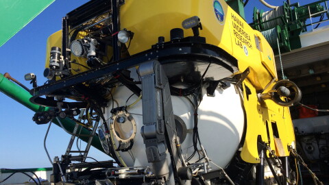 The Pisces V submersible sits on the deck of a research vessel during an expedition to previously unexplored seamounts off the coast of Hawaiʻi Island on Sept. 8, 2016.