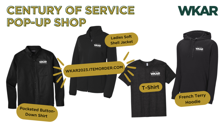 WKAR Century of Service pop-up shop with four different clothing items