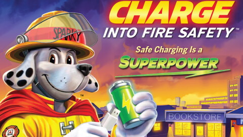Cartoon image of Sparky, the National Fire Prevention Association's mascot, holding a cell phone charger and a battery - a campaign image for "Charge into Fire Safety - Safe Charging is a Superpower."