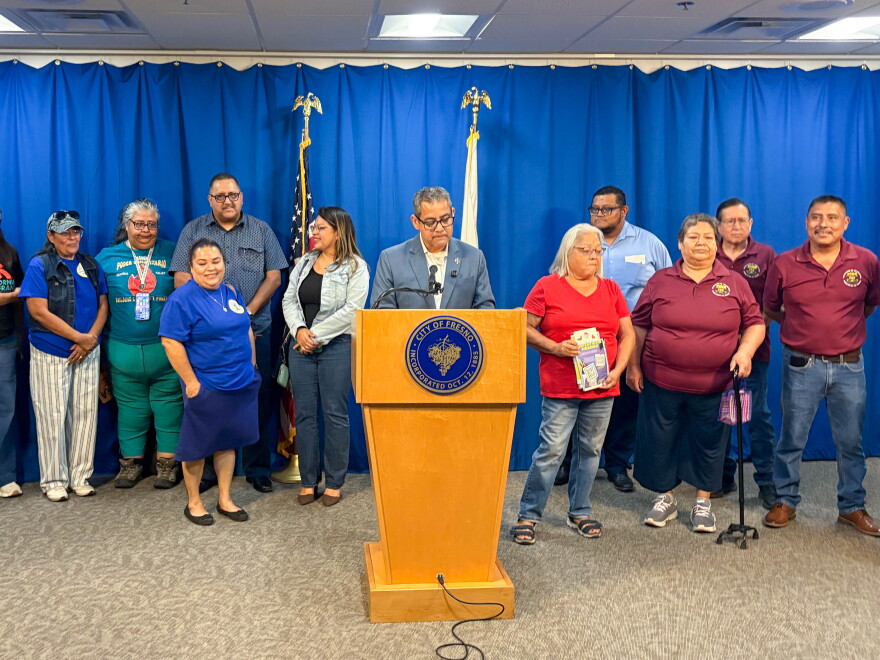 Fresno Councilmember Miguel Arias stands with community leaders at press conference Oct. 19, 2026.