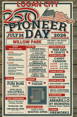 250 with flag in stars and stripes.  Includes diagram of pioneer day parade route, event listings 7:00 AM fun run registration  7:15 open grass volleyball tournament registration, 8:30 AM 3 on 3 basketball and soccer tournament registration, horseshoe tournament registration, cornhole tournament registration.  7:30 AM Fun Run and Volleyball and golf tournaments begin.
9:00 AM basketball, soccer, horseshoe, cornhole and family fun cardio jam begin.  10:00 AM parade begins, food and craft booths open.  11:00 AM- 12:30 PM free kids crafts  11:30-12:15 candy cannon, 3:30-5:00 PM Bingo Bonanza, 5:30 PM High Desert Surfer, 7:00 PM Erica Cheyenne and the Travelin' Hippies, 8:30 PM Rowdy McCarran Amaraillo by Morning George Strait Tribute, 10:00 PM Fireworks