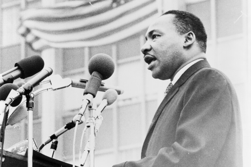 Dr. Martin Luther King, Jr. speaking during an anti-war demonstration in New York City in 1967.