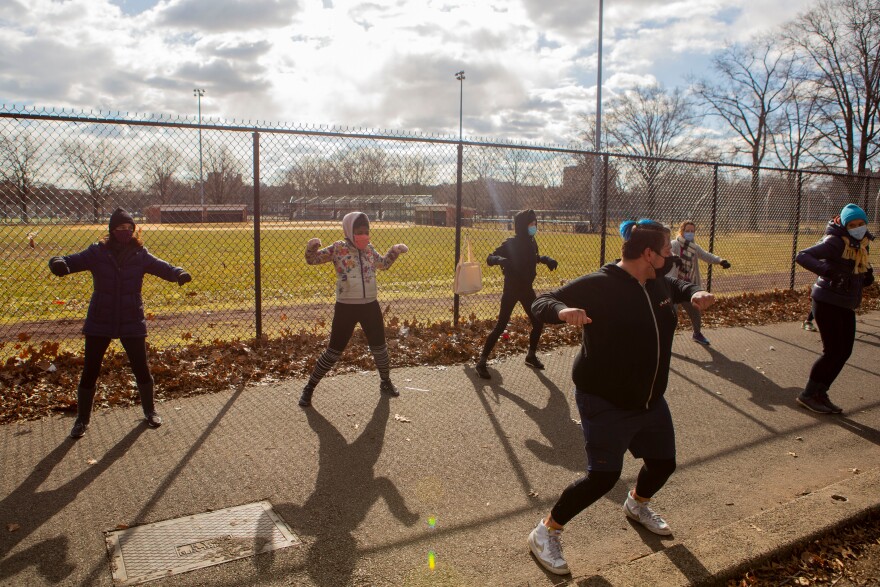 Aredes instructs students in an outdoor Zumba class. Many students say the class provides much needed joy during the stress of the pandemic.