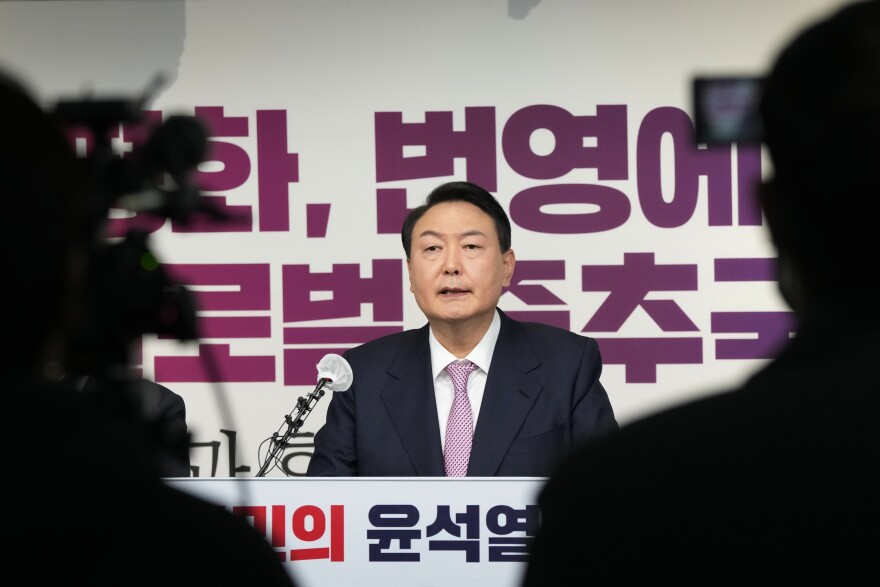 Yoon Suk-yeol, the presidential candidate of the main opposition People Power Party, speaks during a press conference at the party's headquarters in Seoul, South Korea on Monday, Jan. 24, 2022. (AP Photo/Ahn Young-joon, Pool)