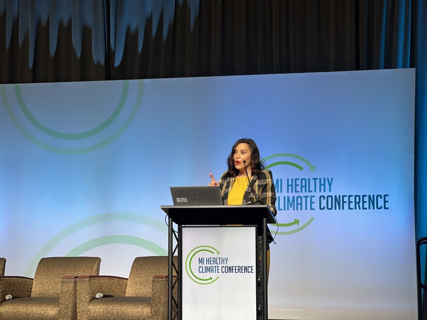 Governor Gretchen Whitmer delivers keynote address at the 2024 MI Healthy Climate Plan conference in Lansing.