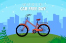 illustration of a bicycle on a green hill in front of a cityscape with the words WORLD CAR FREE DAY over the top 
