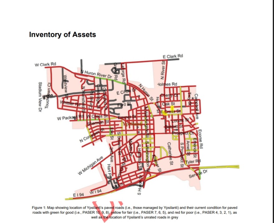 A road map of Ypsilanti displays the city's poor road conditions.