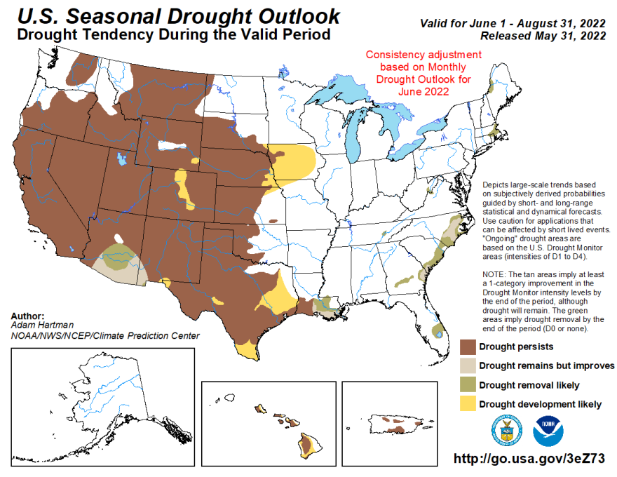 Seasonal drought outlook from June 1 - Aug. 31, 2022