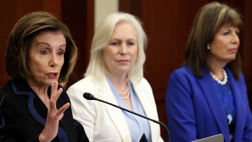 House Speaker Nancy Pelosi, D-Calif., speaks at a press conference with Rep. Jackie Speier, D-Calif., and Sen. Kirsten Gillibrand, D-N.Y., at the U.S. Capitol on Wenesday.