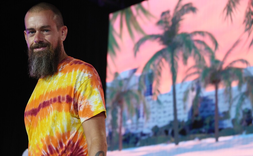 A man with a beard, wearing a red, orange and yellow tie-dye shirt, stands in front of a screen showing a pink sky and green palm trees on a beach.