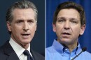FILE - This combination of photos shows California Gov. Gavin Newsom speaking in Sacramento, Calif., on June 24, 2022, left, and Florida Gov. Ron DeSantis speaking in Sioux Center, Iowa, May 13, 2023, right. 
