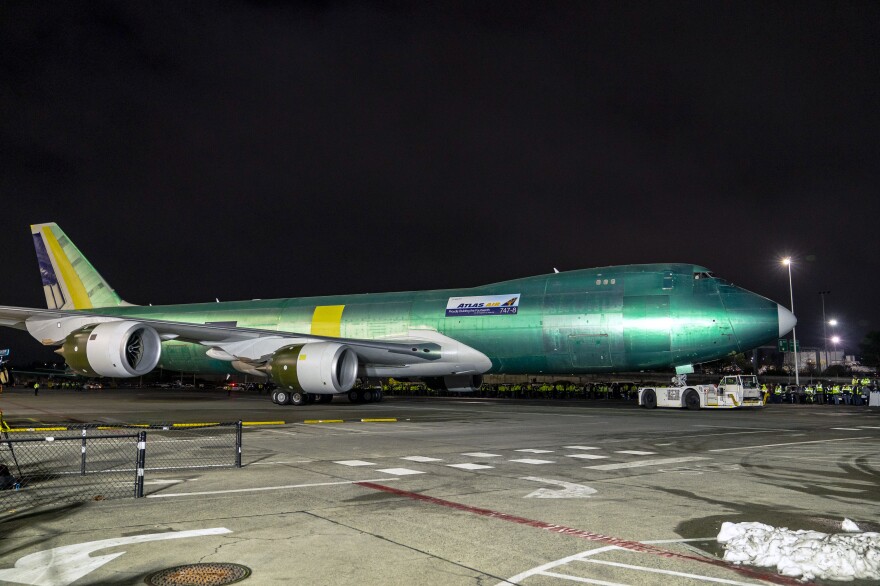 A last Boeing 747, a cargo freighter destined for Atlas Air, is seen during an event at the company's facility in Everett, Wash., in December.