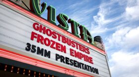 A view of the historic Vista Theatre, which opened in 1923 and was restored by owner Quentin Tarantino, currently showing 'Ghostbusters Frozen Empire' in Los Angeles, California.
