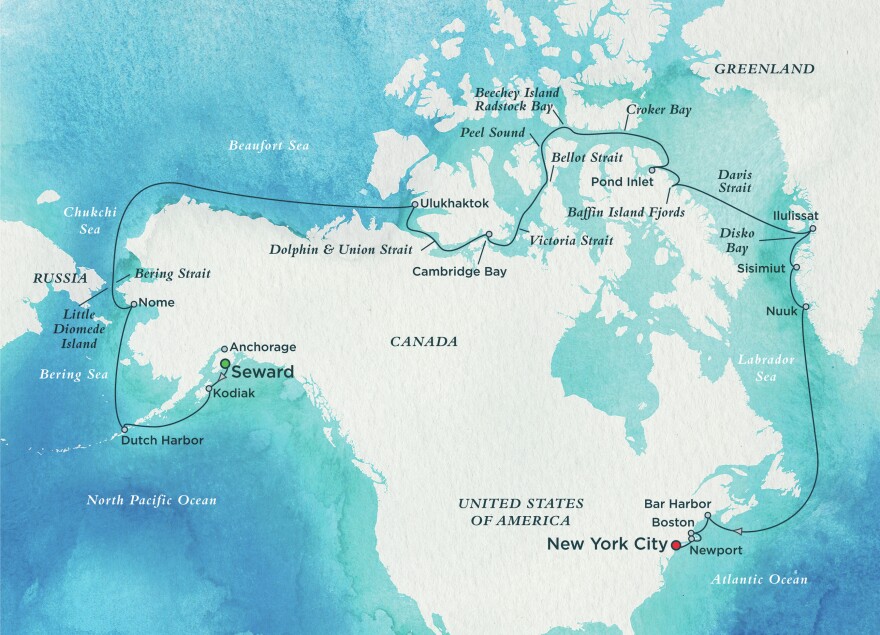 A map detailing the Northwest Passage route where the Crystal Serenity cruise ship will travel between Alaska and New York City.