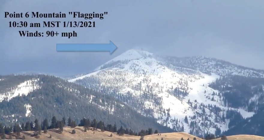 Screen capture from a National Weather Service video showing wind blowing snow off of Point Six mountain near Missoula at 10:30 a.m., January 13, 2021.