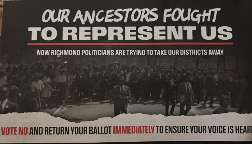 A political mailer opposing Virginia’s April 21 redistricting referendum uses imagery from the civil rights era, including a historic march, alongside the message “Our ancestors fought to represent us.” Civil rights groups and state officials have criticized the mailer campaign as misleading and inappropriate.