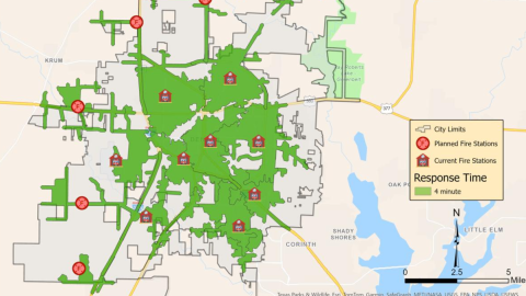 A map of the city of Denton’s existing and planned fire station locations. The four-minute response time routes are based on currently existing roads and do not accurately reflect the areas firefighters will be able to reach post-development.