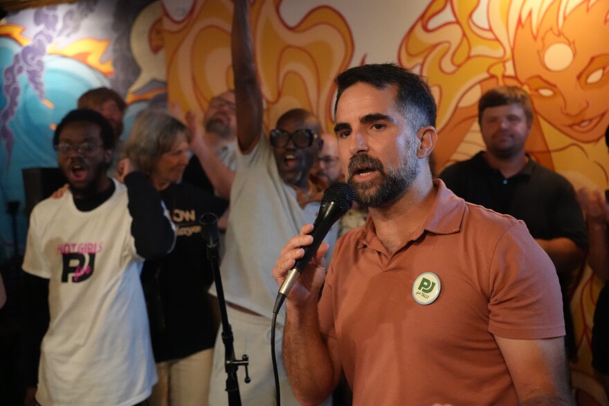 PJ Perez speaks to supporters during a Aug. 18, 2026, primary election night watch party.