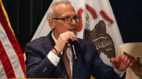 Illinois Supt. of Education Dr. Tony Sanders speaks at the Governor’s Mansion in Springfield in March 2026.