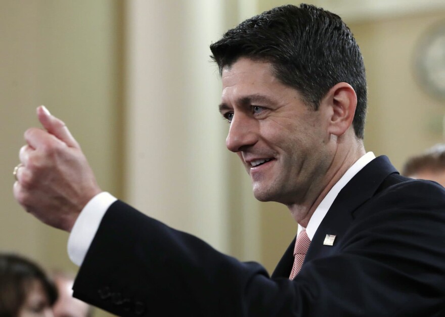 House Speaker Paul Ryan of Wis., smiles during a news conference announcing GOP tax legislation.
 (Jacquelyn Martin/AP)