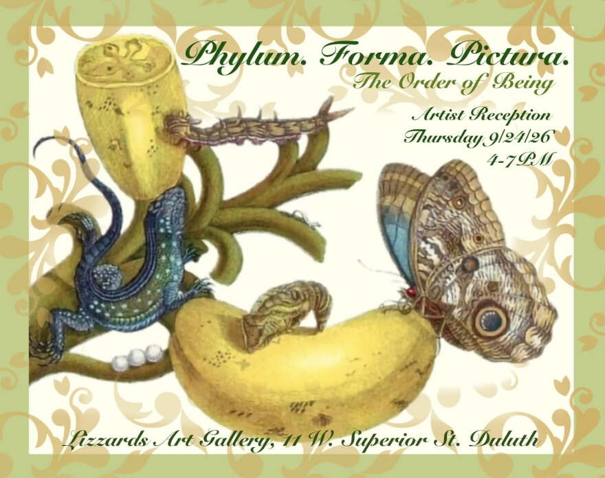 Poster for exhibit at Lizzard's Art Gallery; sepia tone image of bugs and plants