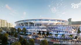 A rendering shows the outside of a new Royals baseball stadium, with clear transparent walls.