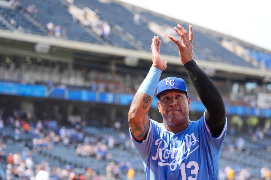 Kansas City Royals' Salvador Perez acknowledges the crowd after a baseball game against the San Francisco Giants, Wednesday, July 22, 2026, in Kansas City, Missouri.
