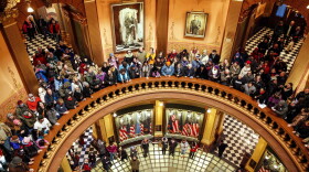 Protestors filled the Michigan State Capitol before the state electoral college met to cast their votes on December 19, 2016 in Lansing, Michigan. (Sarah Rice/Getty Images)