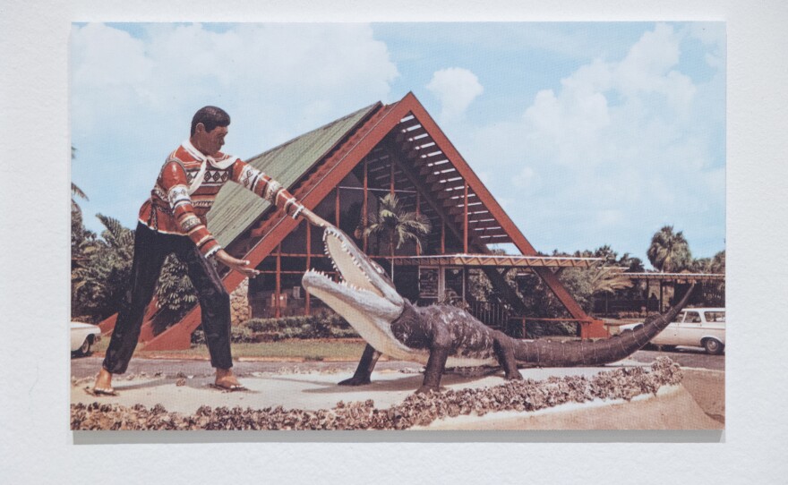 Artwork featured at HistoryMiami's Yakne Seminoli exhibit depicts the tradition of alligator wrestling.