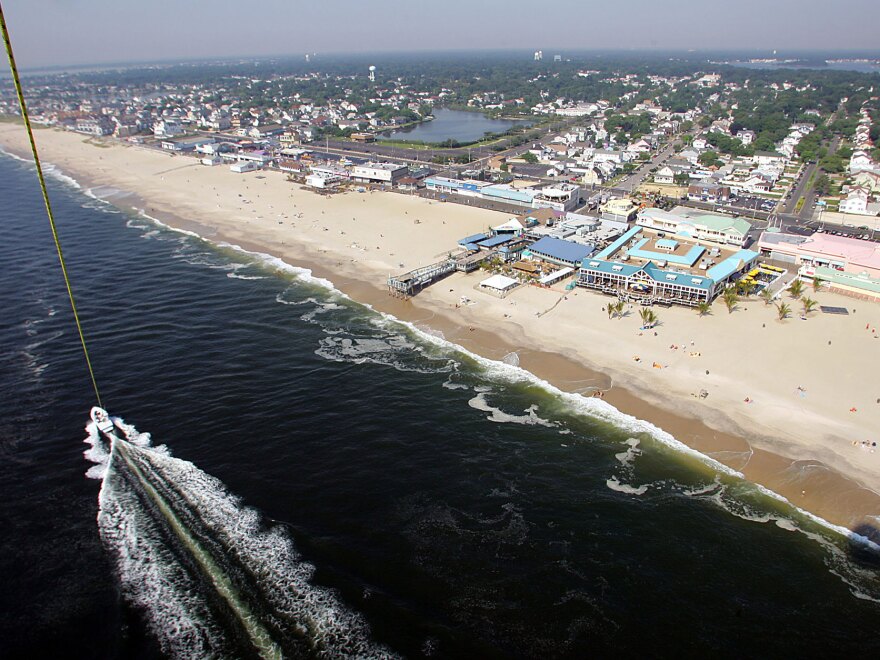 The view shown while parasailing above the Atlantic Ocean off the coast of the New Jersey Shore. Do you spy the Italian-American stars of MTV's <em>Jersey Shore</em>?