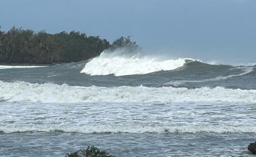 Waves roll into Humatak Bay following the passage of Super Typhoon Bavi on July 7, 2026.