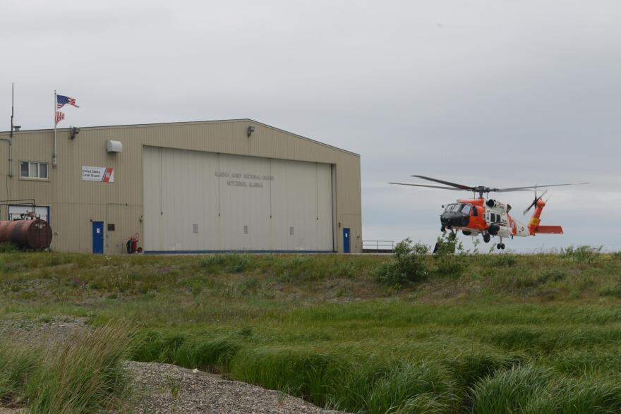 A Coast Guard MH-60 Jayhawk departs from the Alaska Army National Guard Hangar in Kotzebue to reconnoiter the area. The Coast has assigned two MH-60s from Air Station Kodiak to the hangar, which is serving as the hub of Forward Operating Location Kotzebue. The forward-deployed aircraft and crew are participating in Coast Guard Arctic Shield 2017, a field-training exercise that runs through the summer. (Brian Dykens/U.S. Coast Guard)